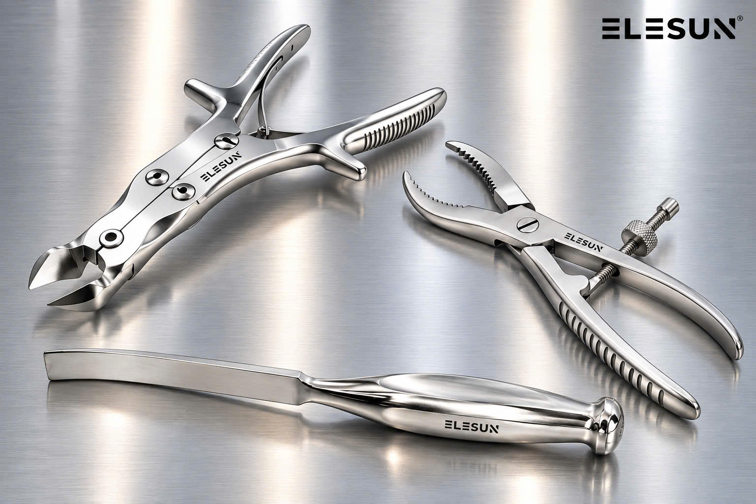 Three ELESUN orthopedic instruments with different functions: a double-action cutting forceps, a forceps with a screw lock and a flat-blade instrument with a rounded handle