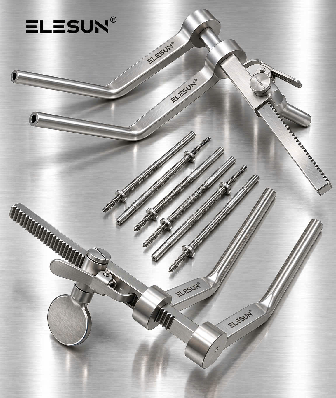 ELESUN cervical spine access instruments: two toothed-rack frames with angled arms and threaded distraction pins