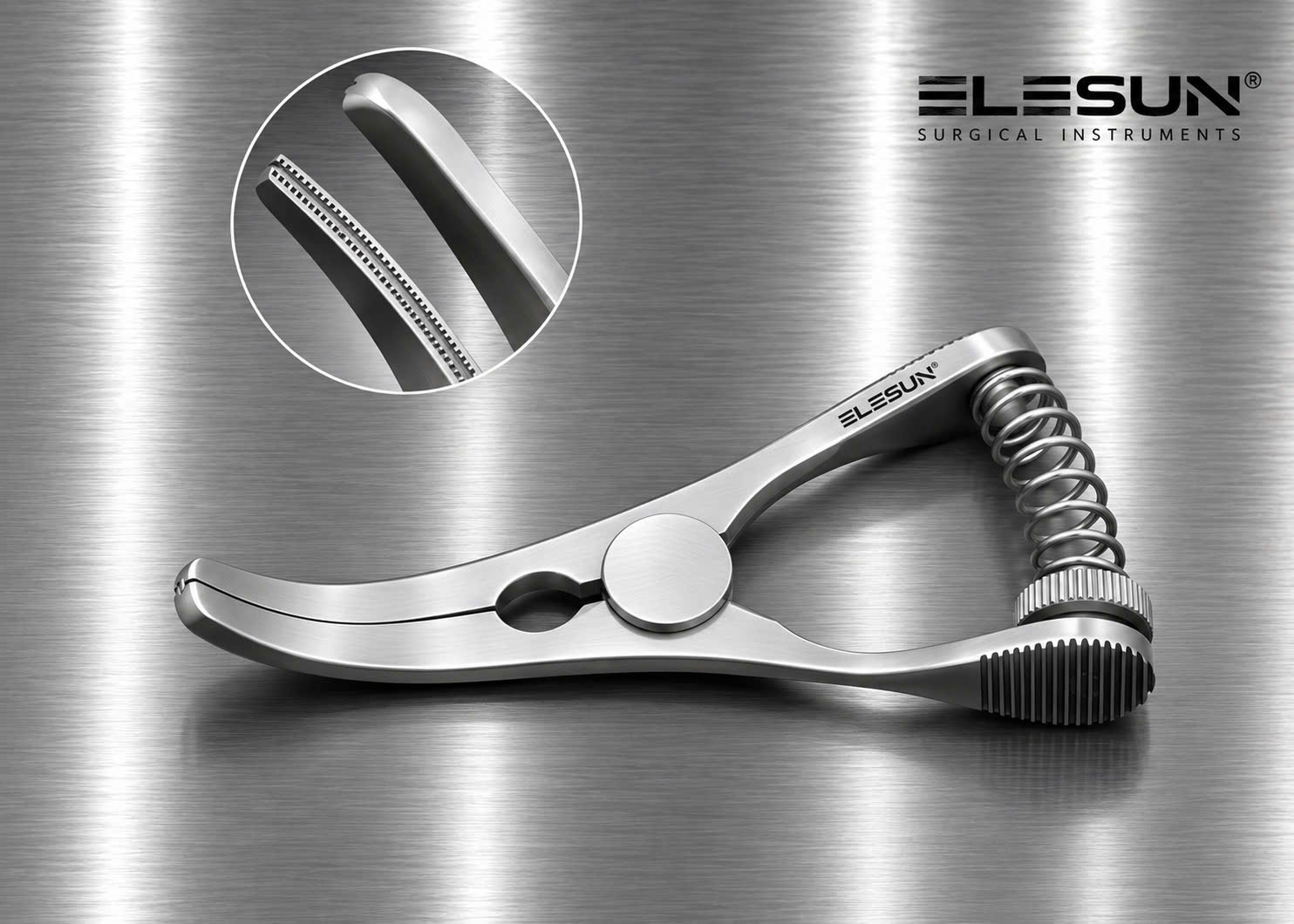 Kẹp ELESUN đóng ngàm bằng lò xo xoắn, kèm cận cảnh ngàm có hai hàng răng khía mảnh