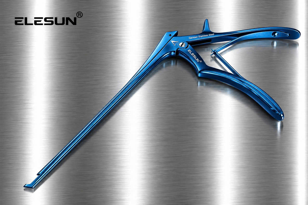 Blue-finish ELESUN Kerrison rongeur with a long shaft, cutting footplate at the tip and pistol-grip handle