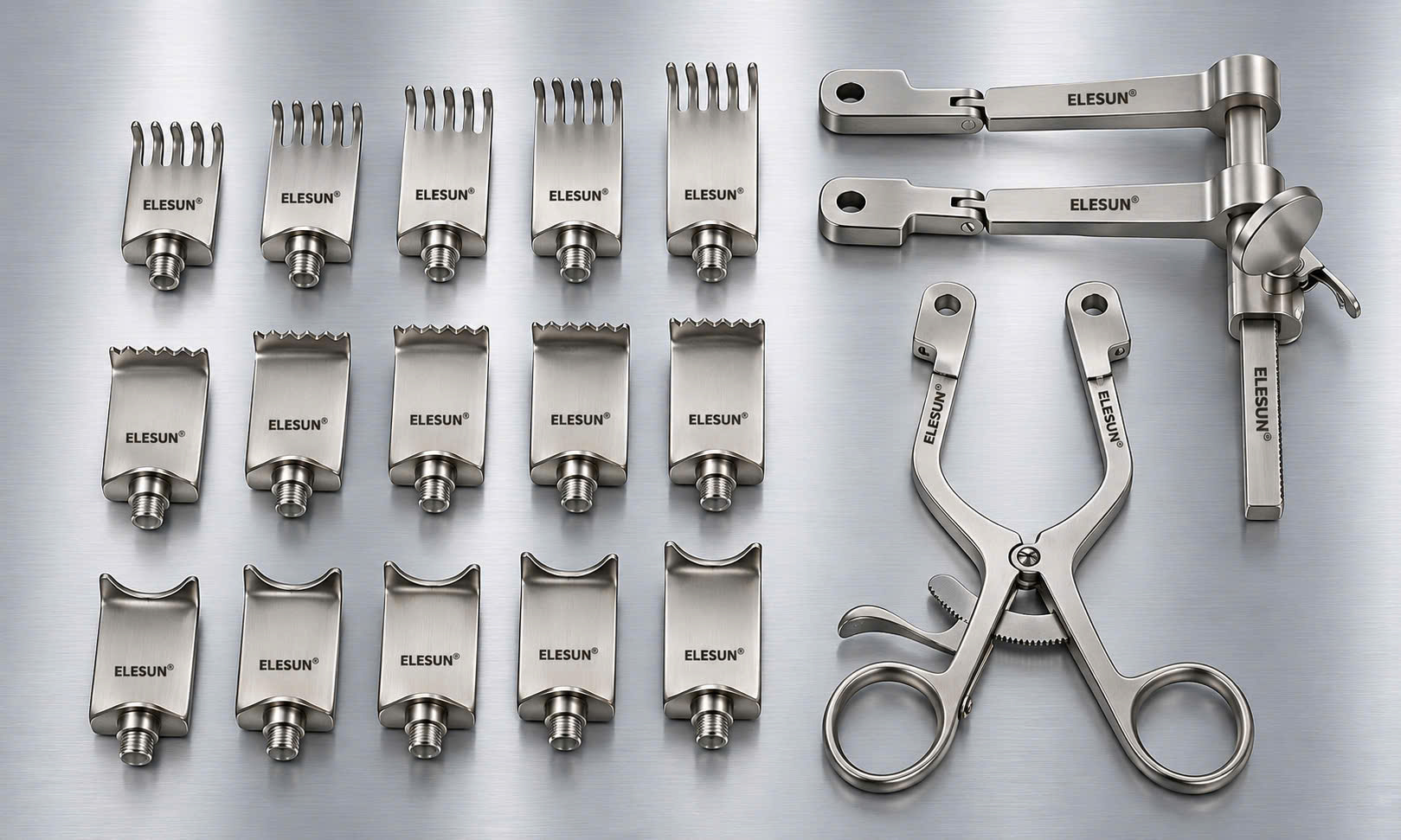 ELESUN specialty retractor components: interchangeable hooked, serrated and concave blades with toothed-rack frames and a ratcheted retractor