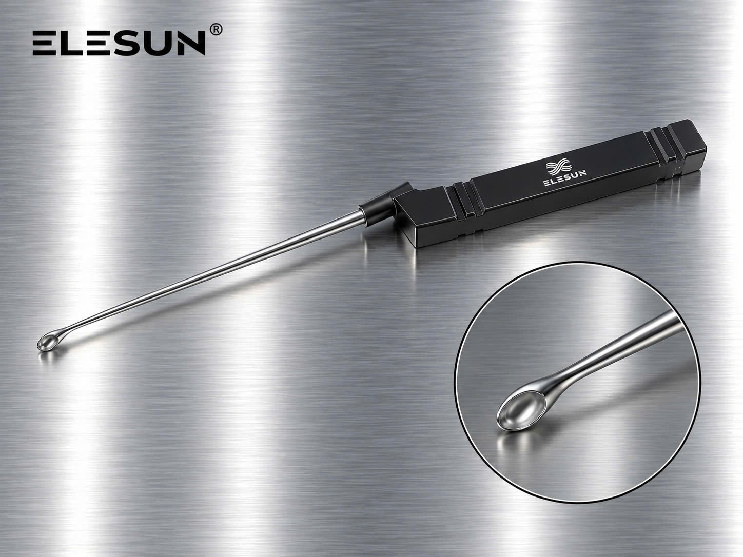 ELESUN spoon-tipped instrument with a magnified view of the working tip.