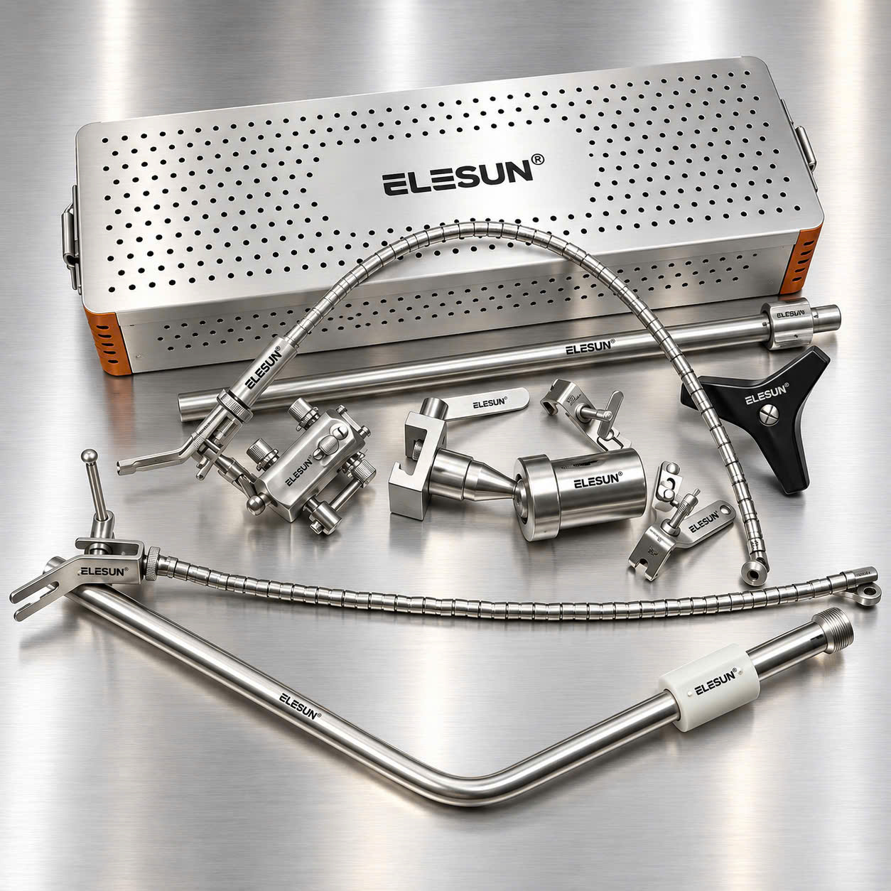 Perforated ELESUN instrument case and components on a metallic surface.
